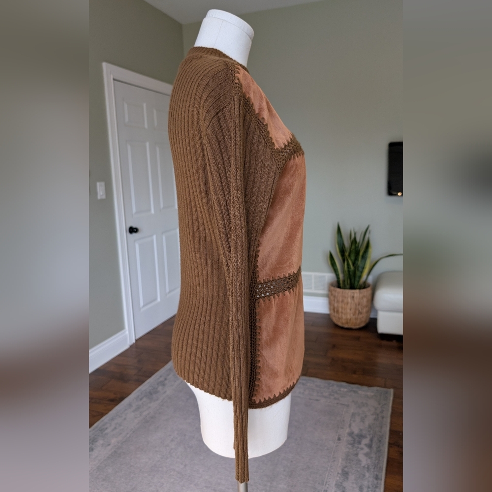 Vintage Valenti Women’s Suede Patchwork Knit Sweater Boho Brown Leather Size L - Picture 3 of 16